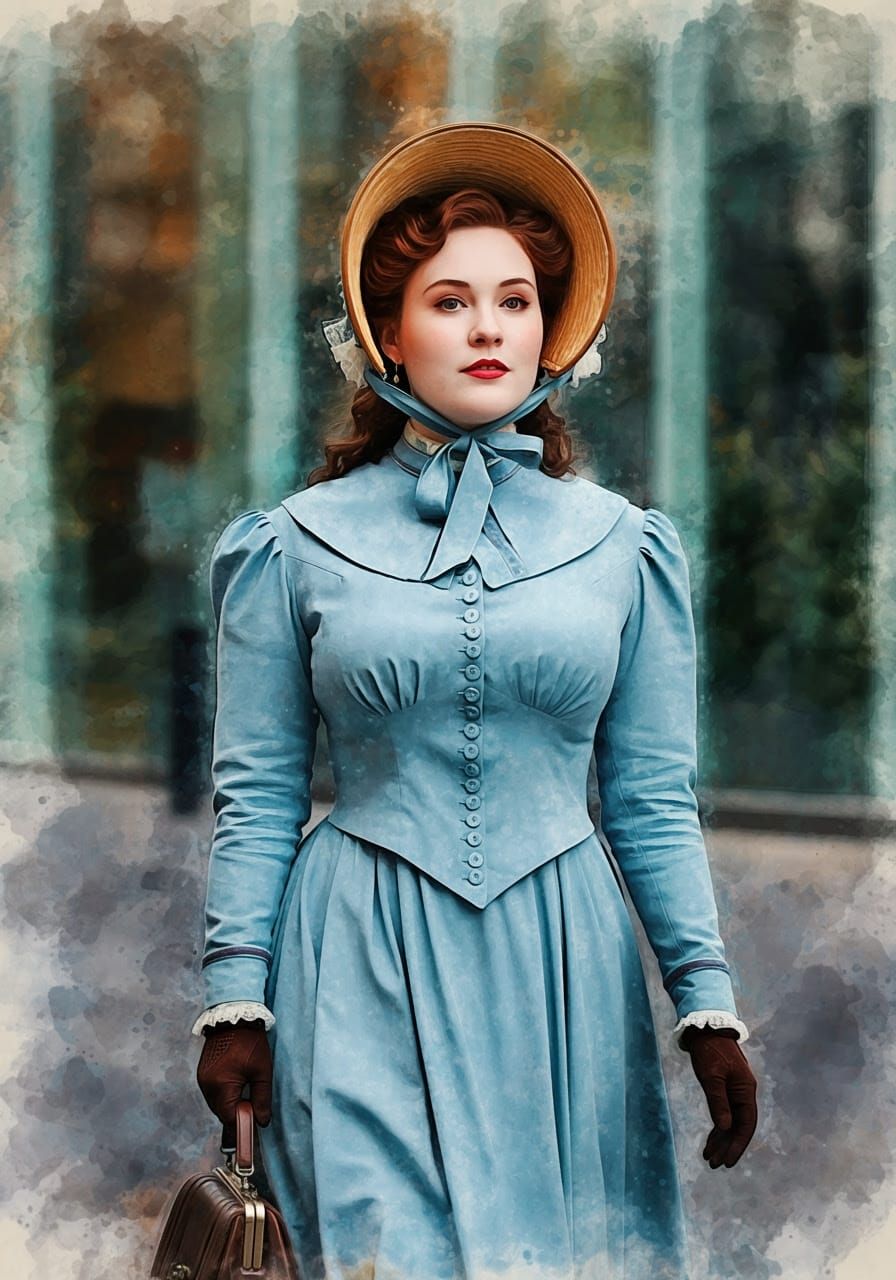 Victorian Beauty in Modern City, Watercolor Style