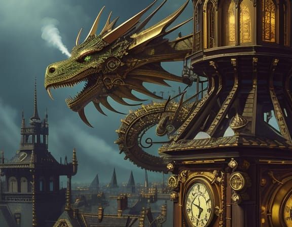 Steampunk Dragon on Clock Tower in Digital Art Style
