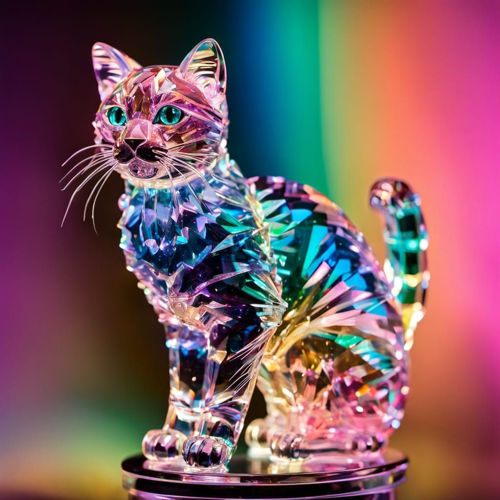 Crystal Candy Cat Sculpture with Rainbow Reflections