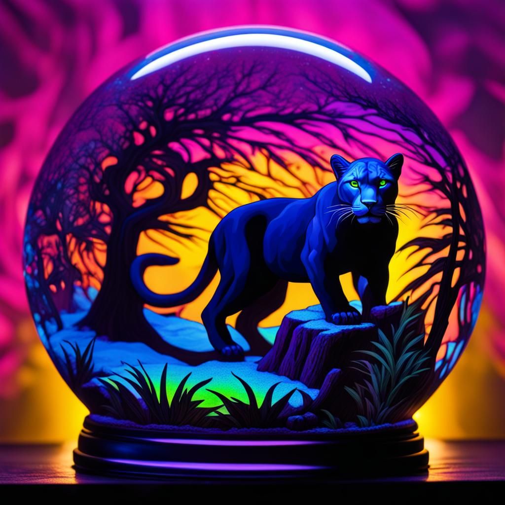 Blacklight Art Panther in Snow Globe