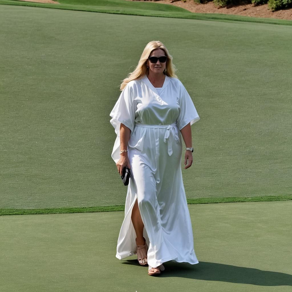 BBW Woman Golfing in White Satin Caftan at Augusta