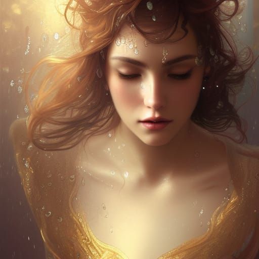 Woman with Raindrop Hair and Roses, Detailed Portrait