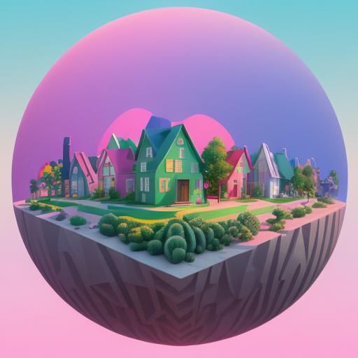 Vibrant Whimsical Village in Bold Geometric Shapes