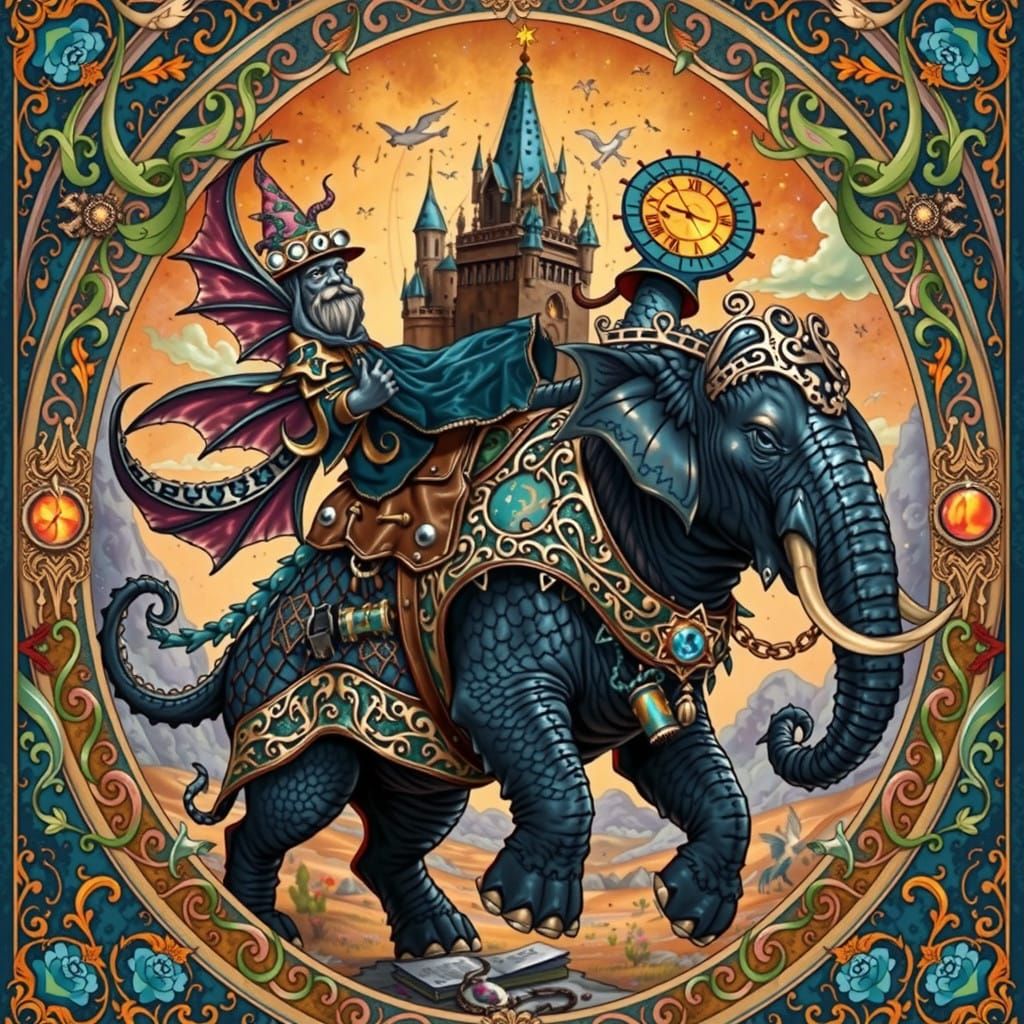 Dragon Elephant Steampunk Artwork in Art Nouveau Style