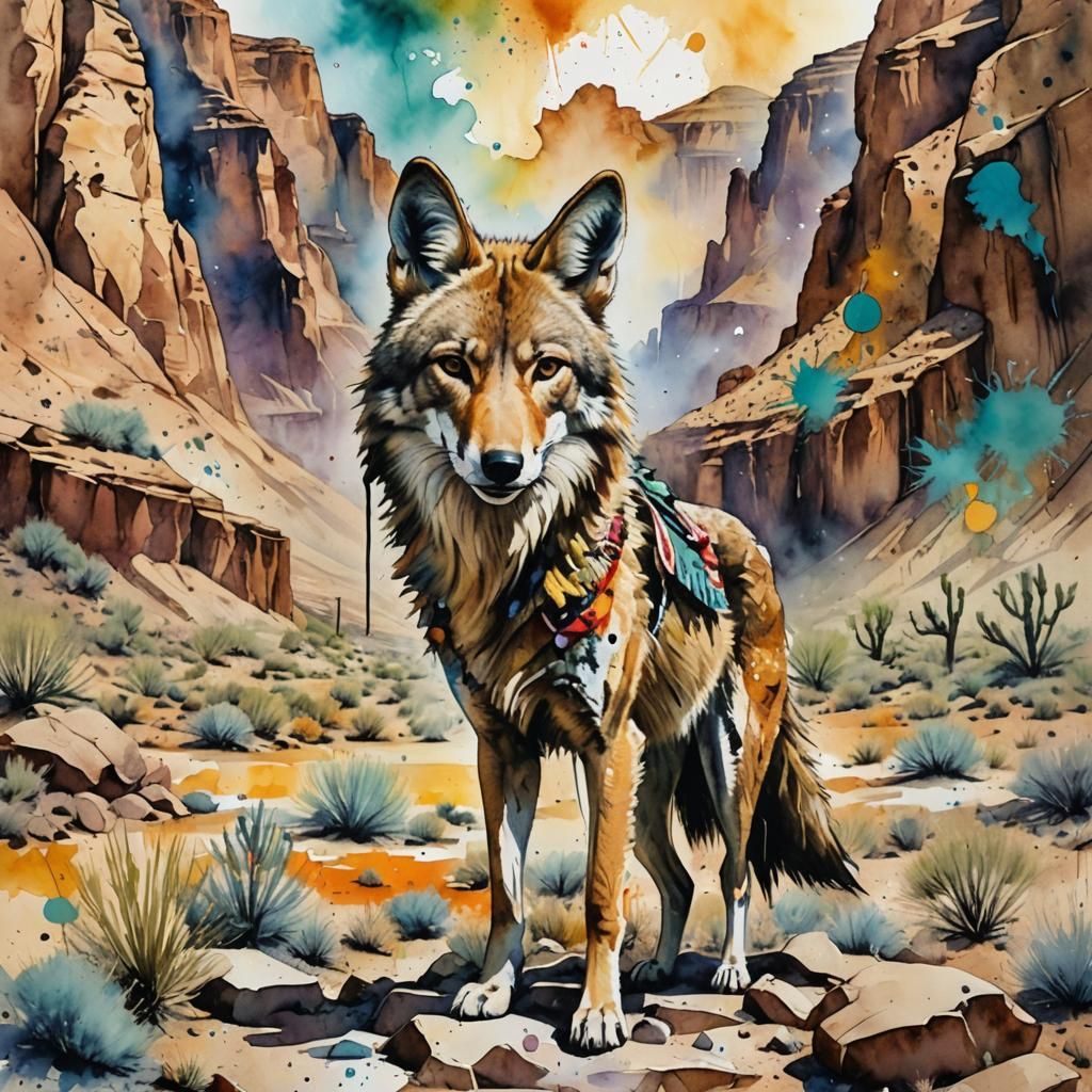 Coyote Shaman in Desert Canyon Watercolor
