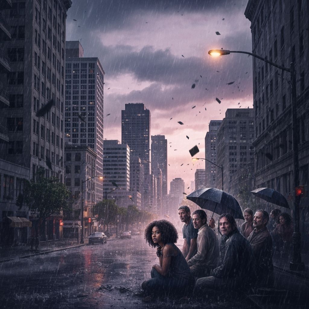 Coastal City Battered by Hurricane at Dusk