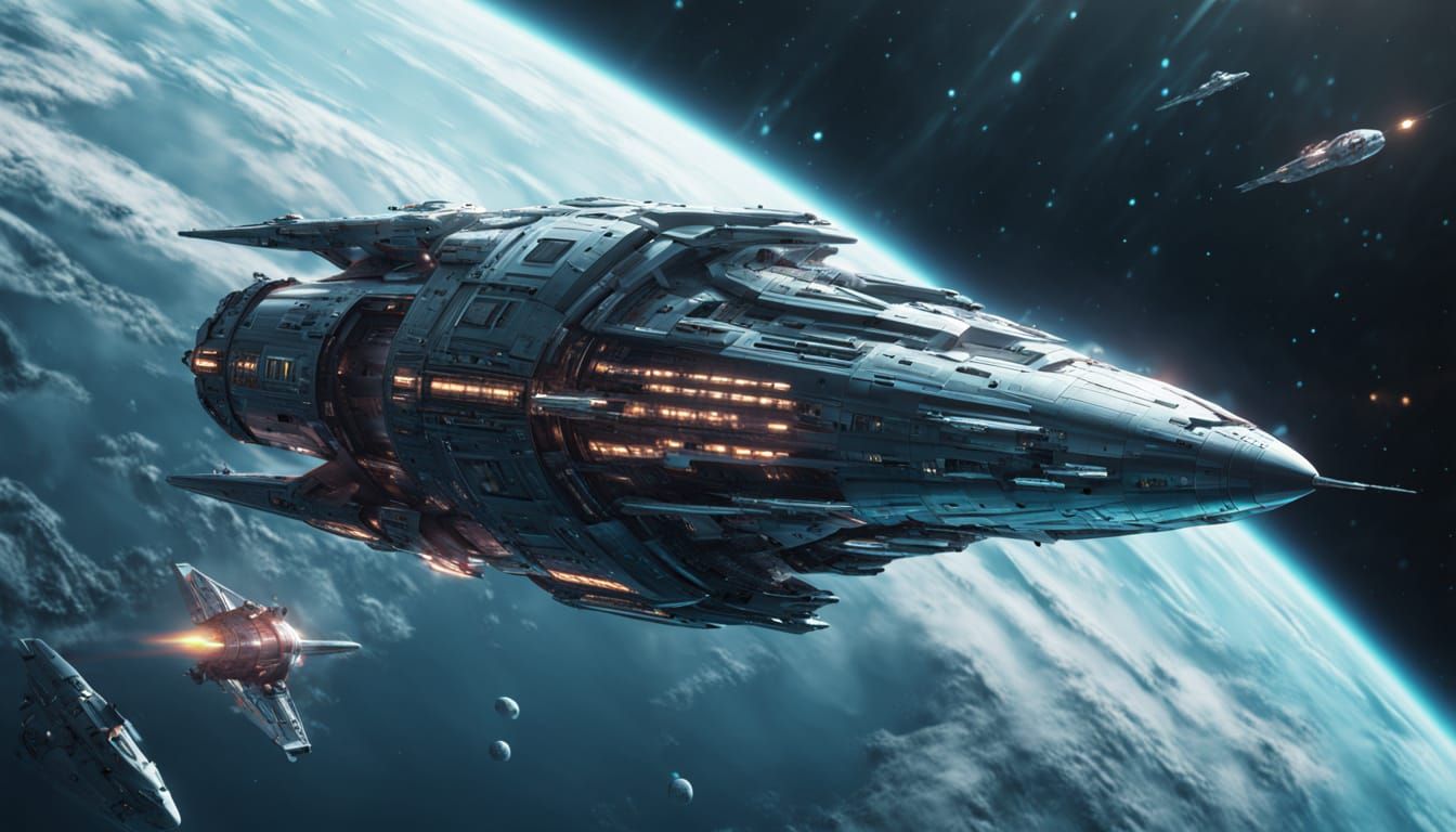 Astronomical Starship in Orbiting Free Fall, Aquanarine Meta...