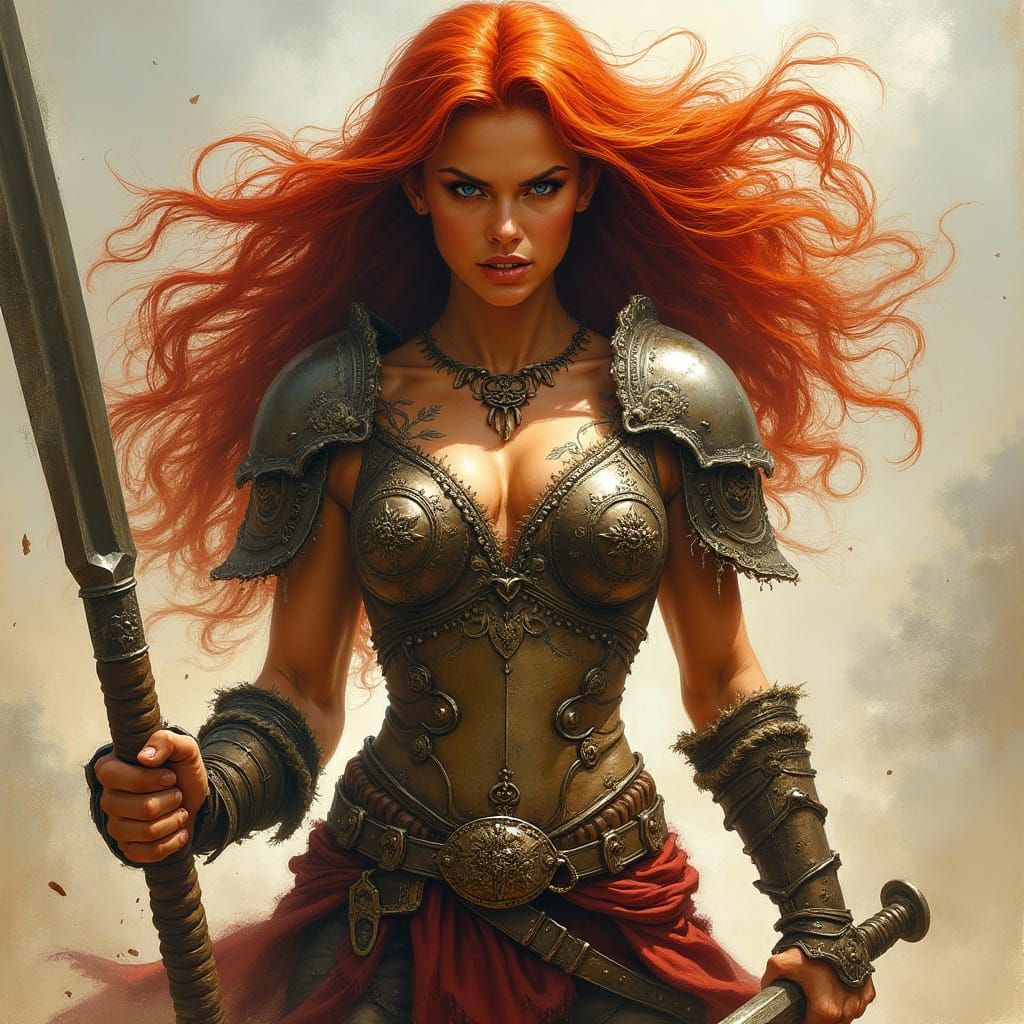 Fierce Red Haired Barbarian Warrior in Dark Fantasy Style