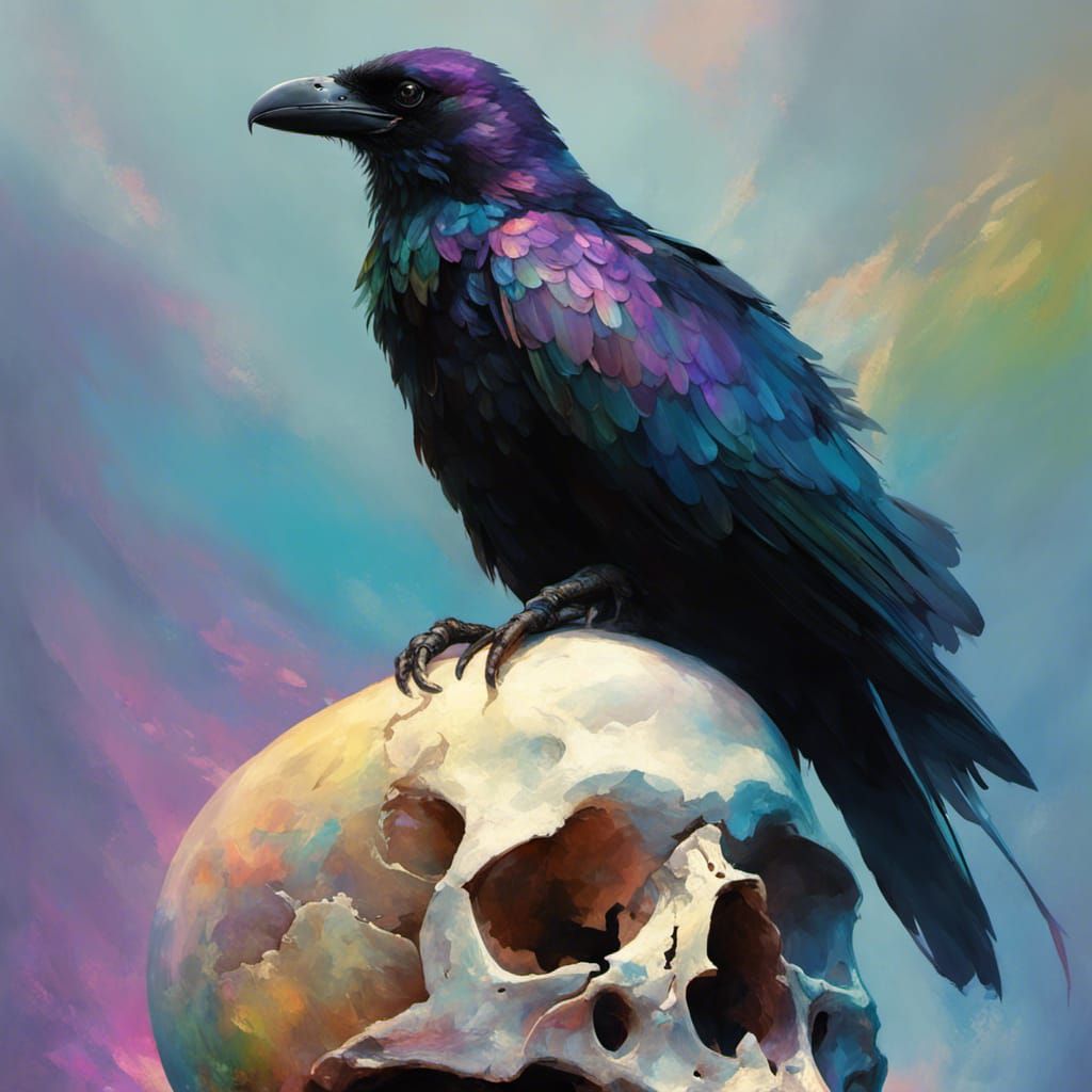 Iridescent Raven on Skull: Maximalist Digital Art