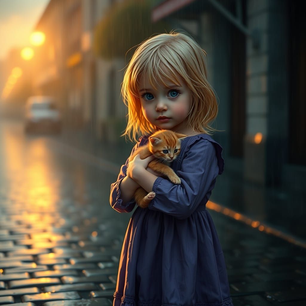 Girl and Kitten in Soft Evening Rain
