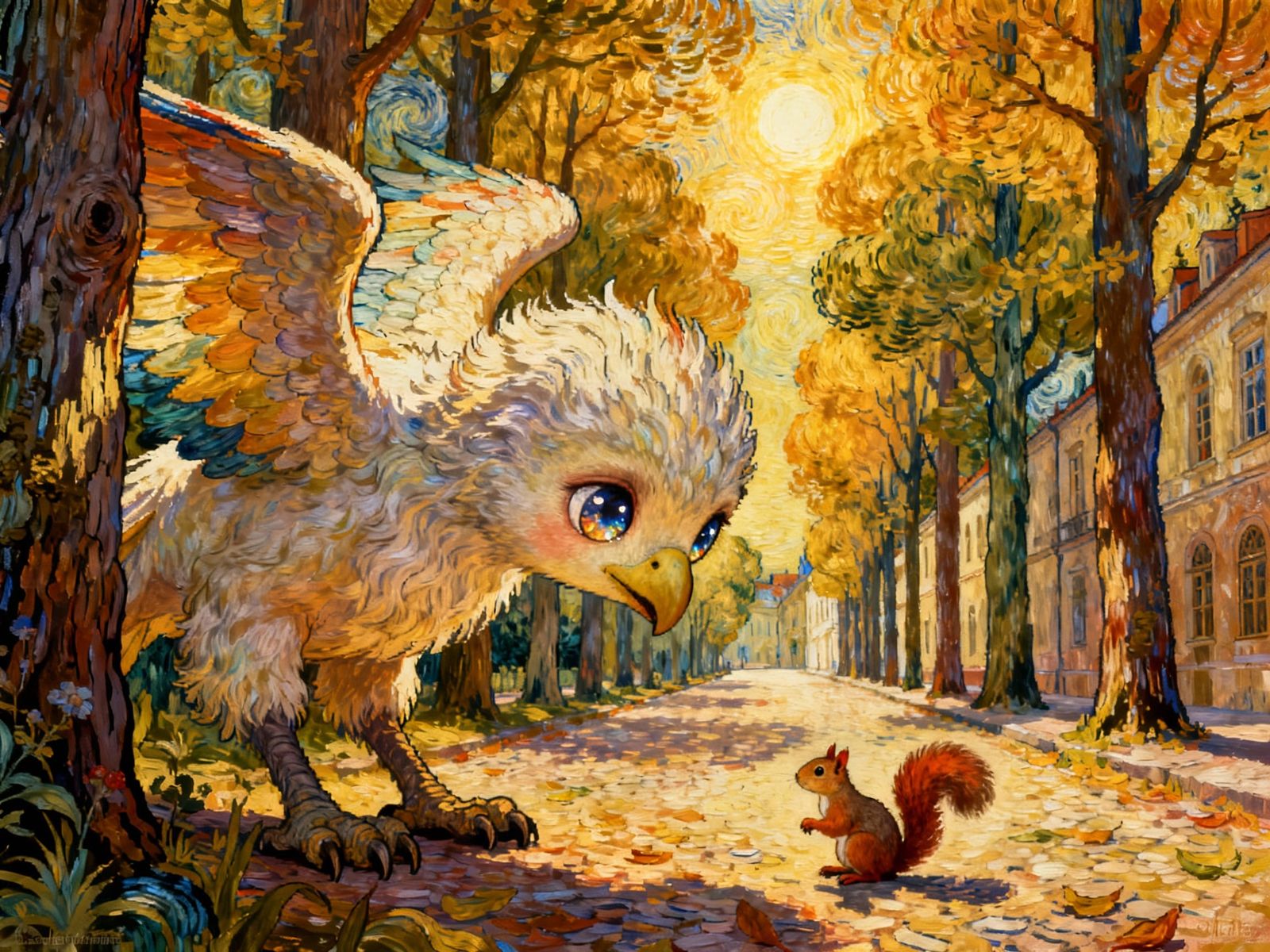 Fluffy Hippogriff Stares at Squirrel in Forest