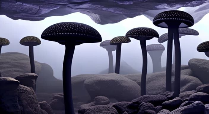 Ethereal Black Mushrooms in a Deep Cavern