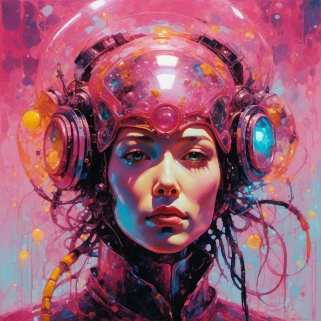 Bioluminescent Cyborg Portrait in Grungy Oil Painting Style