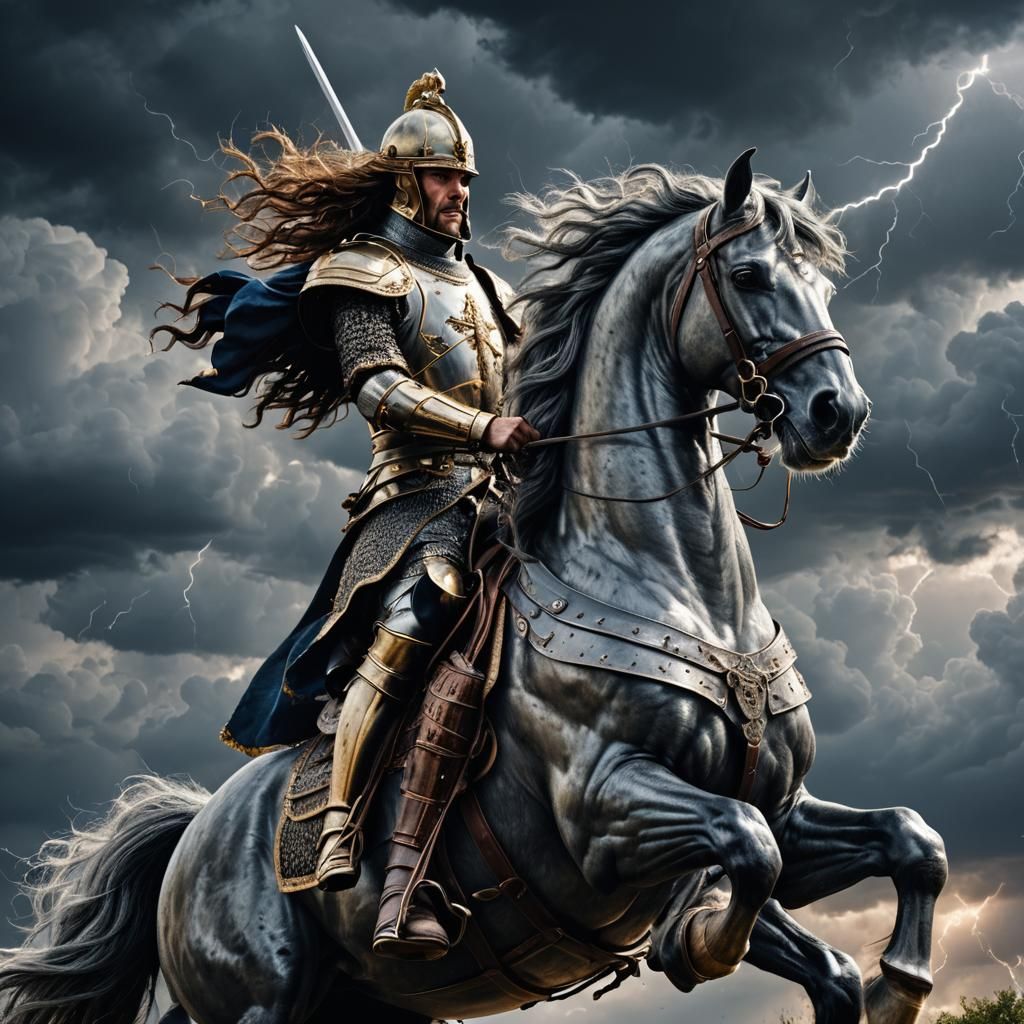 King Charles on Armored Horse in Stormy Battle Scene