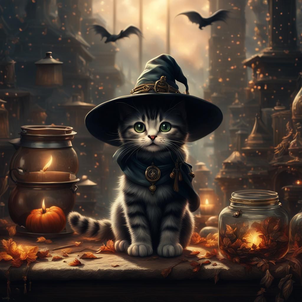 Witch Kitten in Detailed Digital Matte Painting