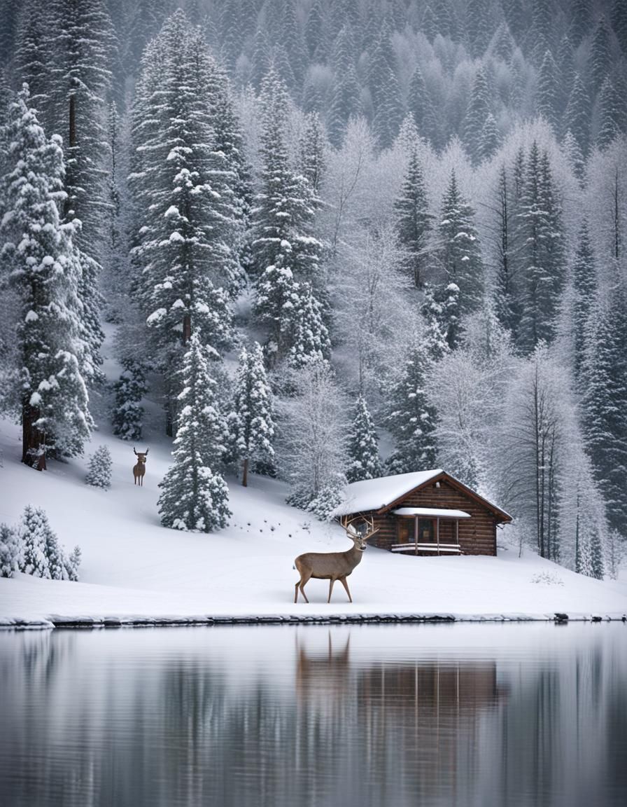 Snowy Cabin Retreat by a Frozen Lake