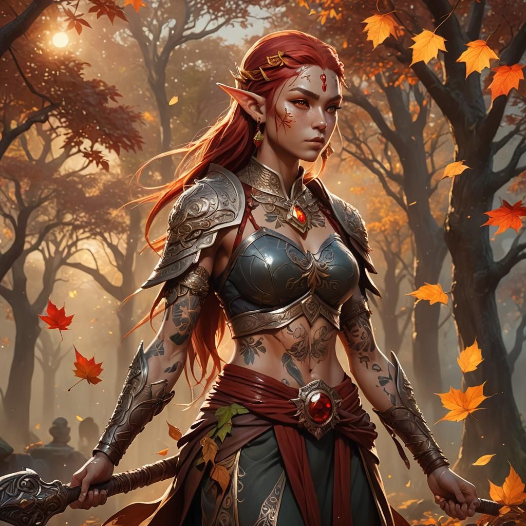 Female Elf Monk with Autumn Staff: 3D Anime Art