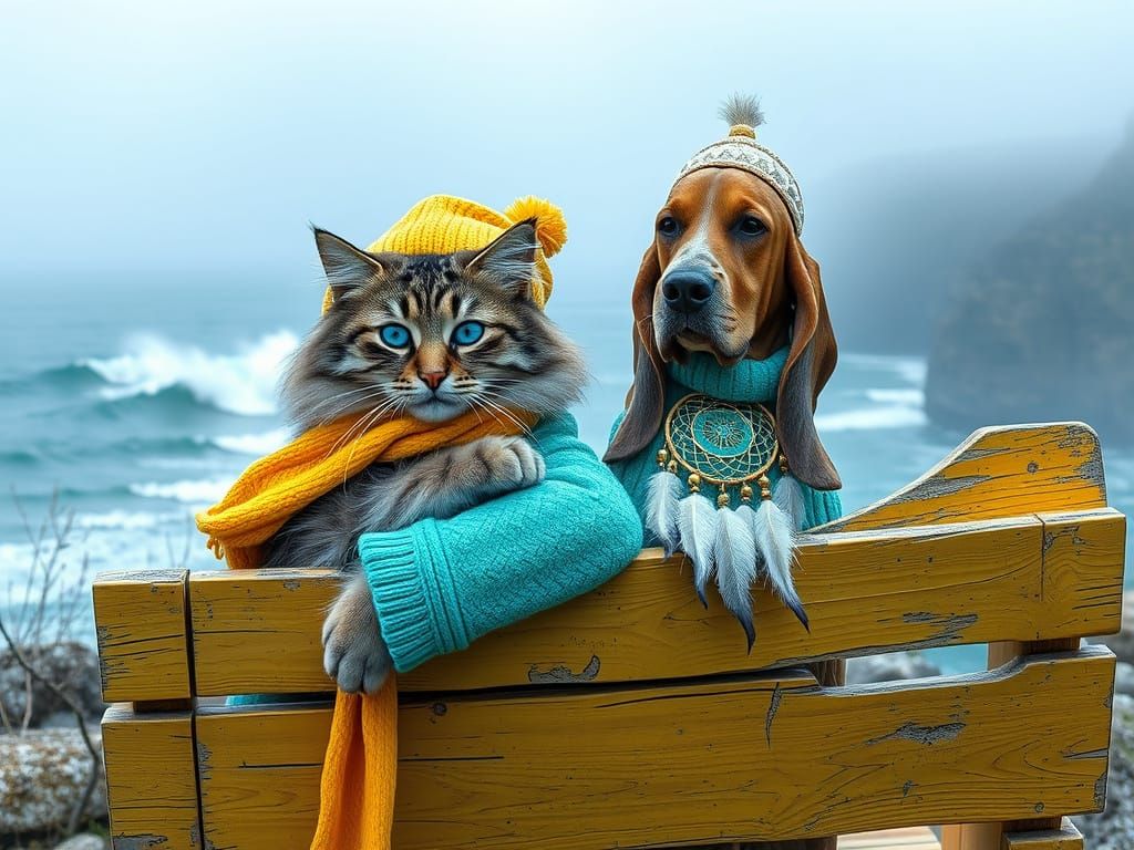 Cyberpunk Leopard Cat and Basset Hound Embrace