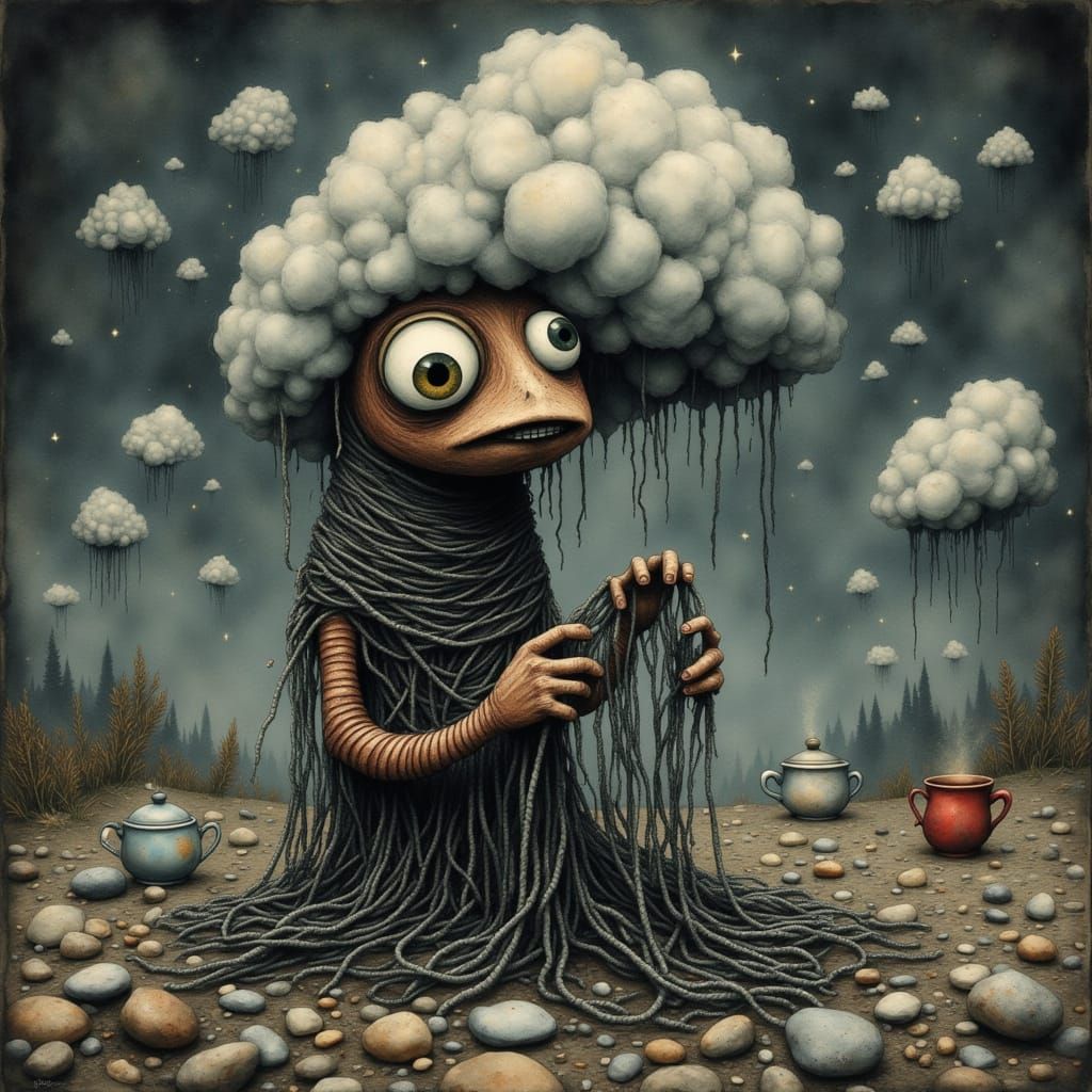 Whimsical Yarn Creature Knits Storm Cloud in Surreal Landsca...