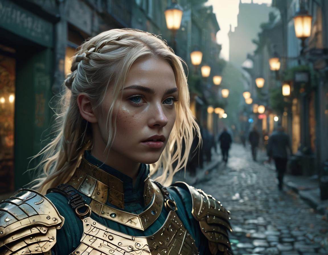 Fantasy Portrait: Armored Blonde in Shadowy Street
