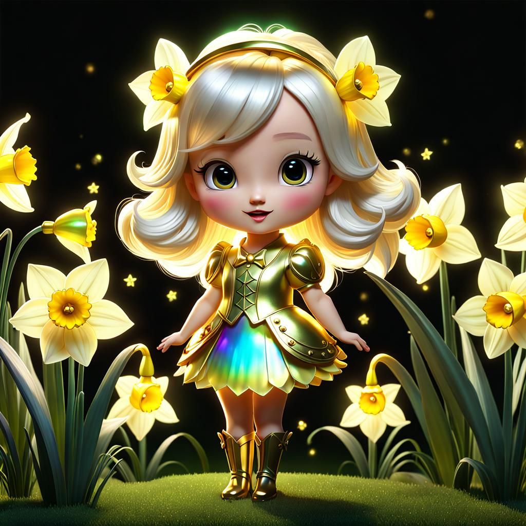 Cute Chibi Daffodil Character in Magical Garden