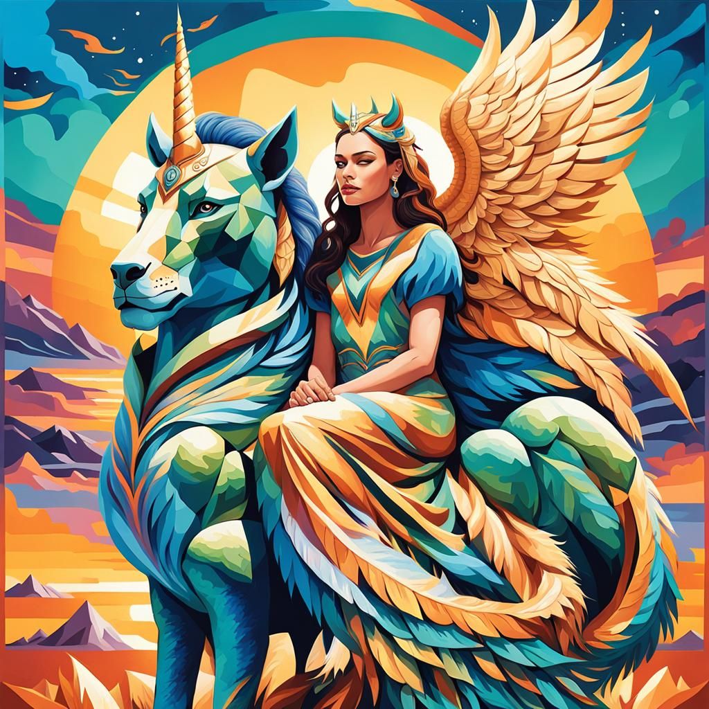 Girl with Unicorn-Sphinx Chimera at Sunset