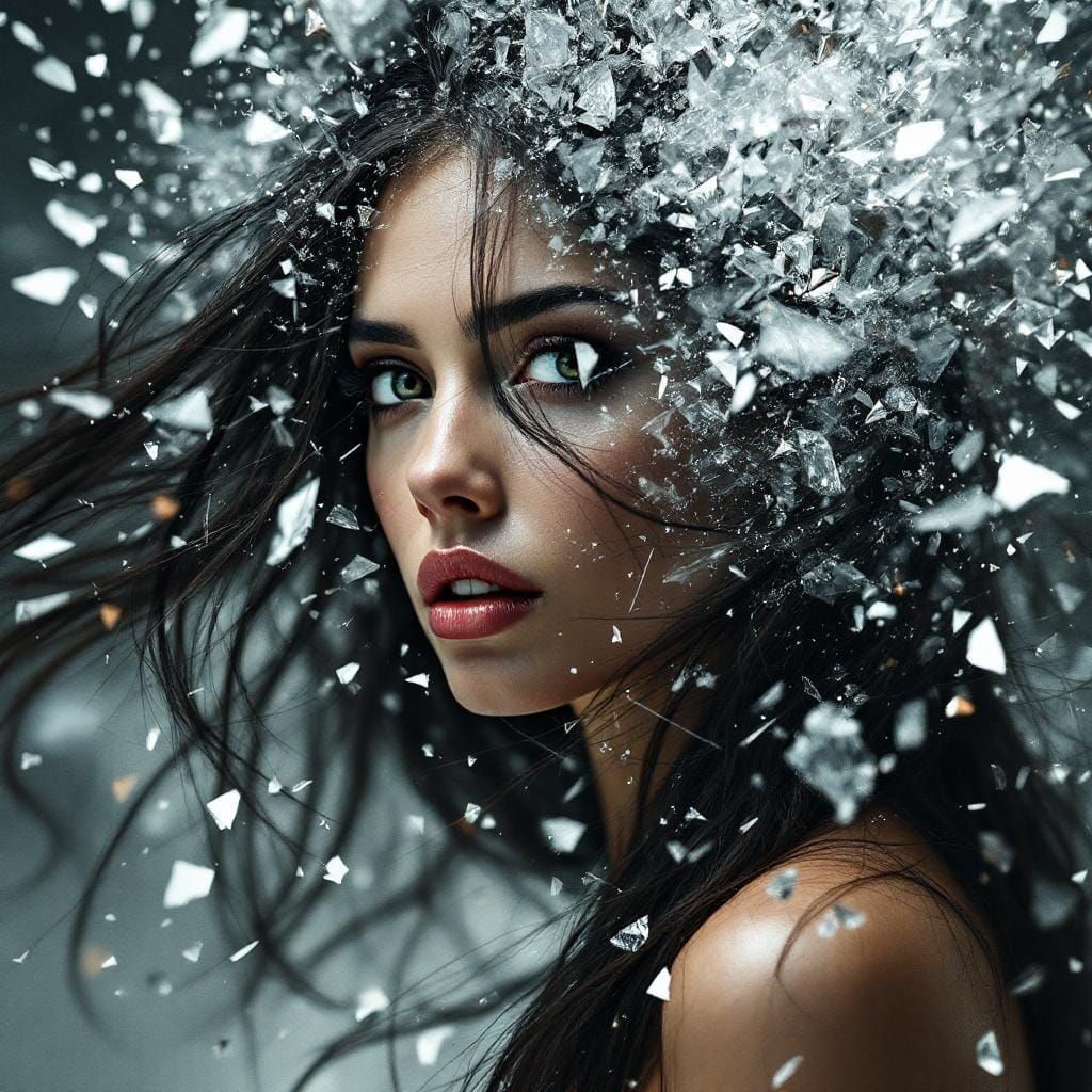 Woman Dissolving into Crystal Shards with Glitch Effects