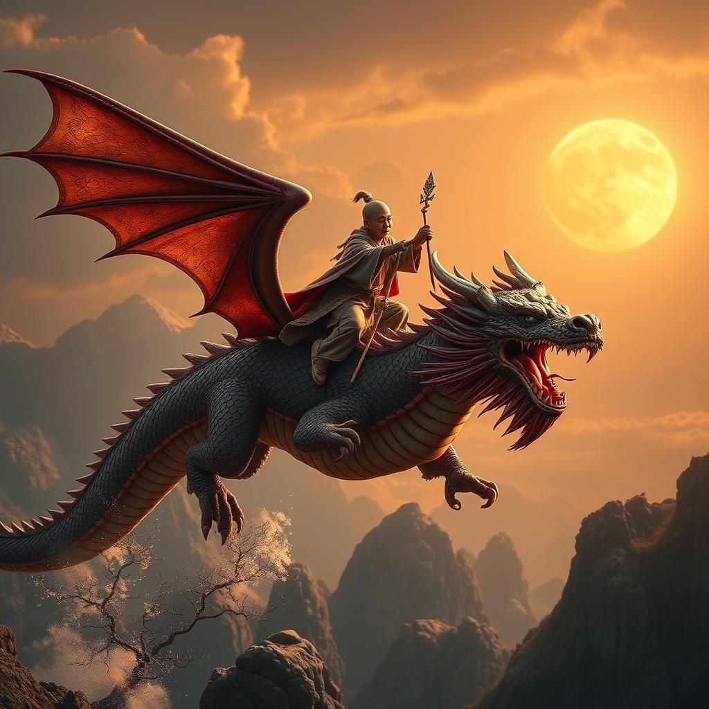 Shaolin Monk Rides a Dragon in Surreal Magic Realism