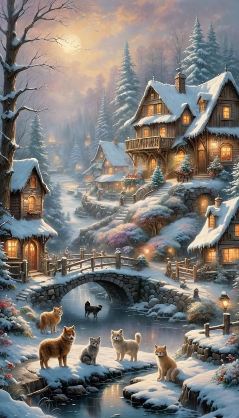 Cute cuddly animals in a rustic winter scene