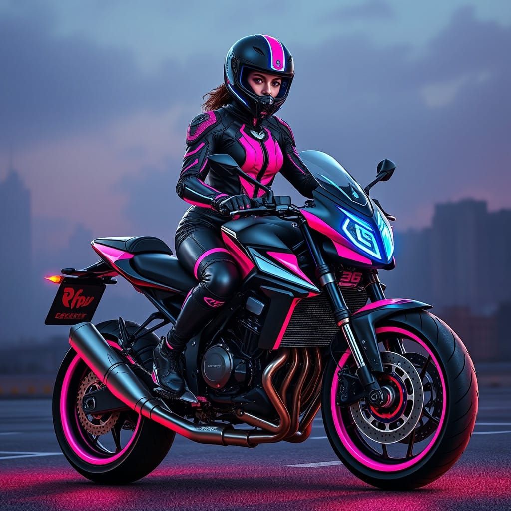 Retro-Futuristic Motorcyclist in Neon-Lit Cityscape