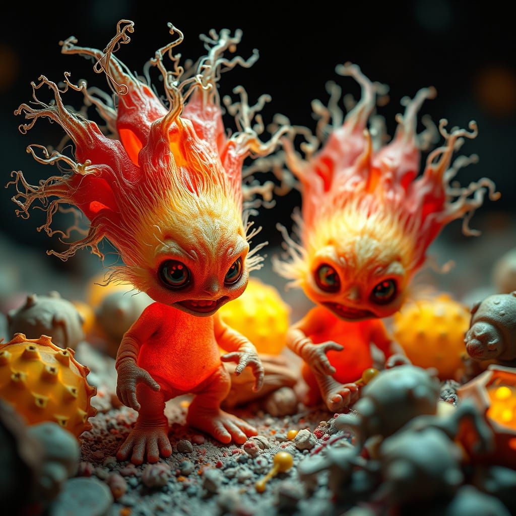 Sinister Kewpie Creatures in Whimsical Horror Landscape