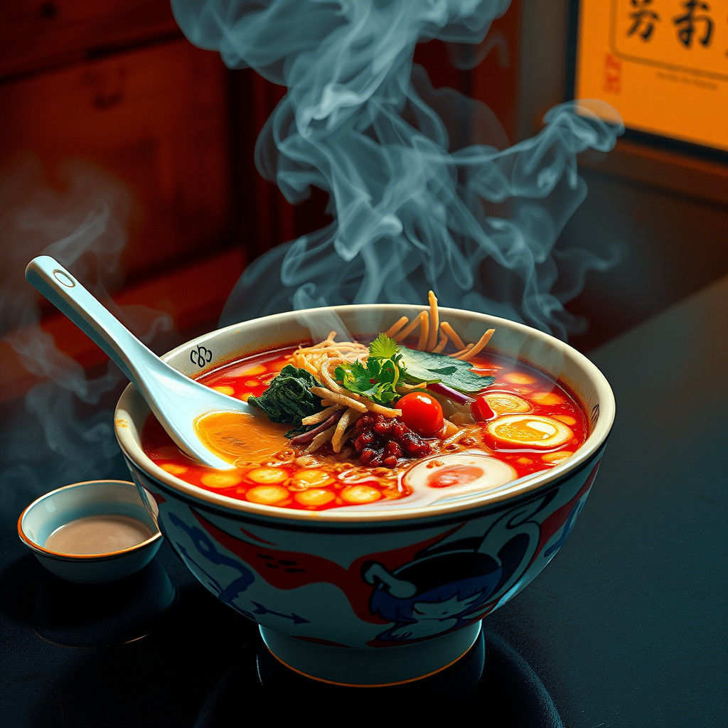 Steaming Spicy Ramen in Japanese Pop Art Style
