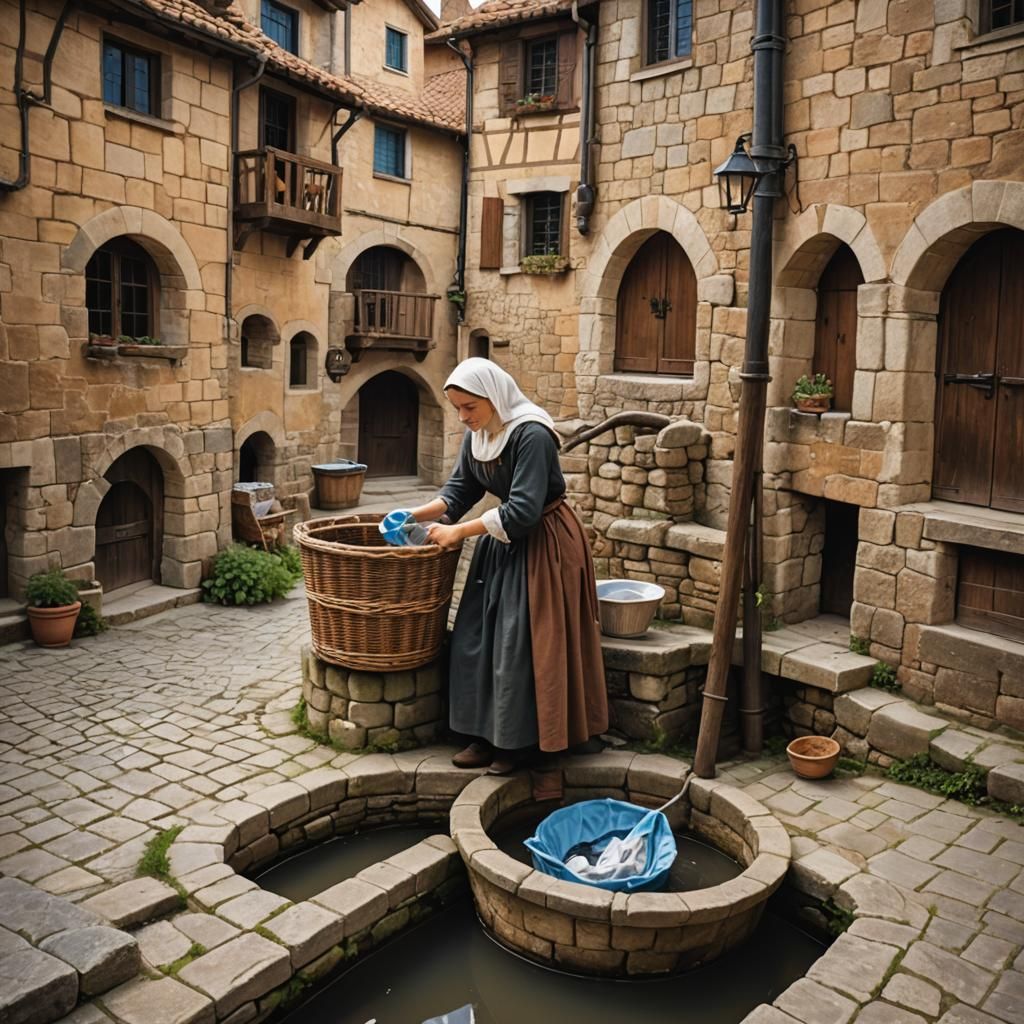Medieval Town: Young Woman Doing Laundry