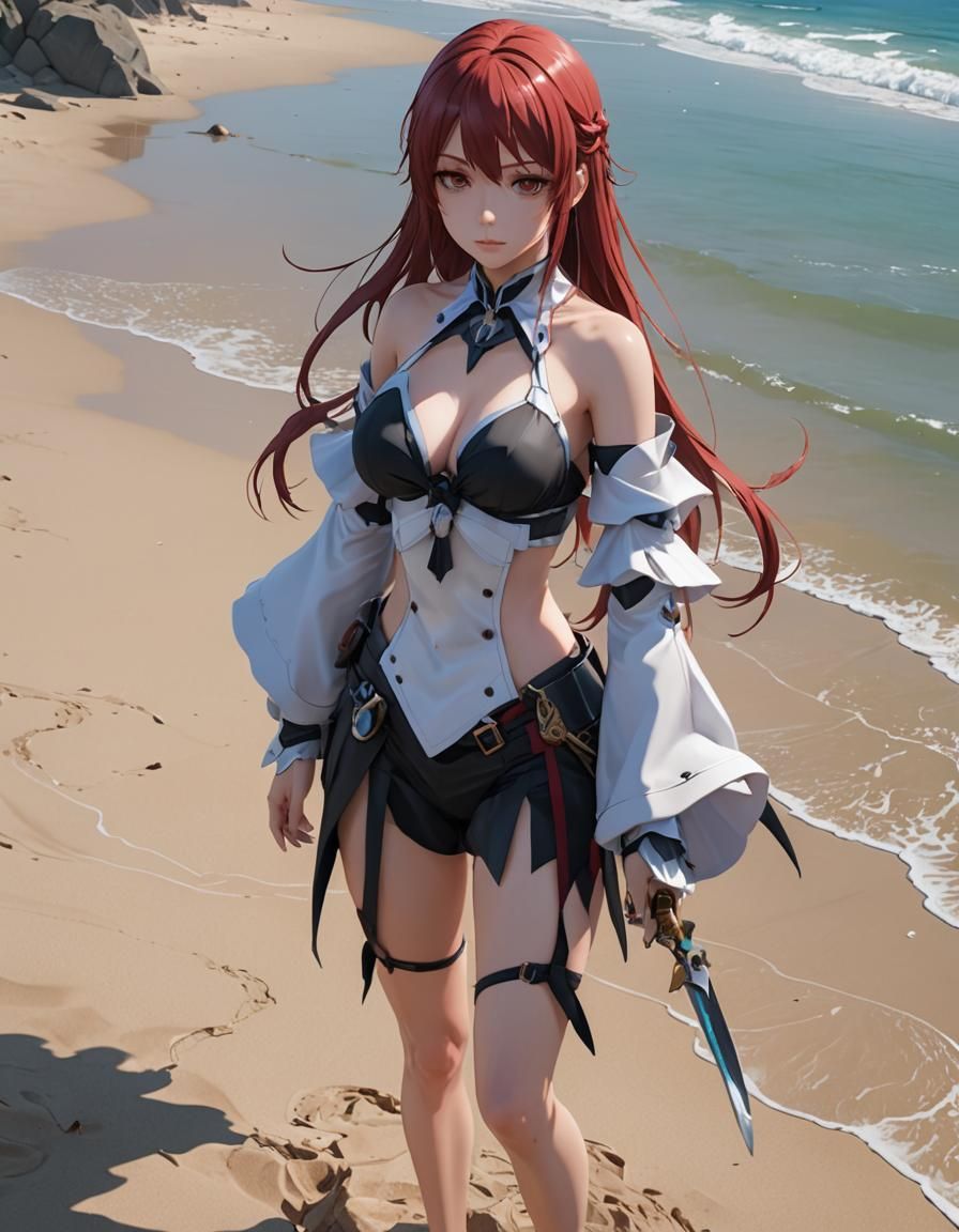 Rias Gremory on the Beach in Detailed 3D Anime Art