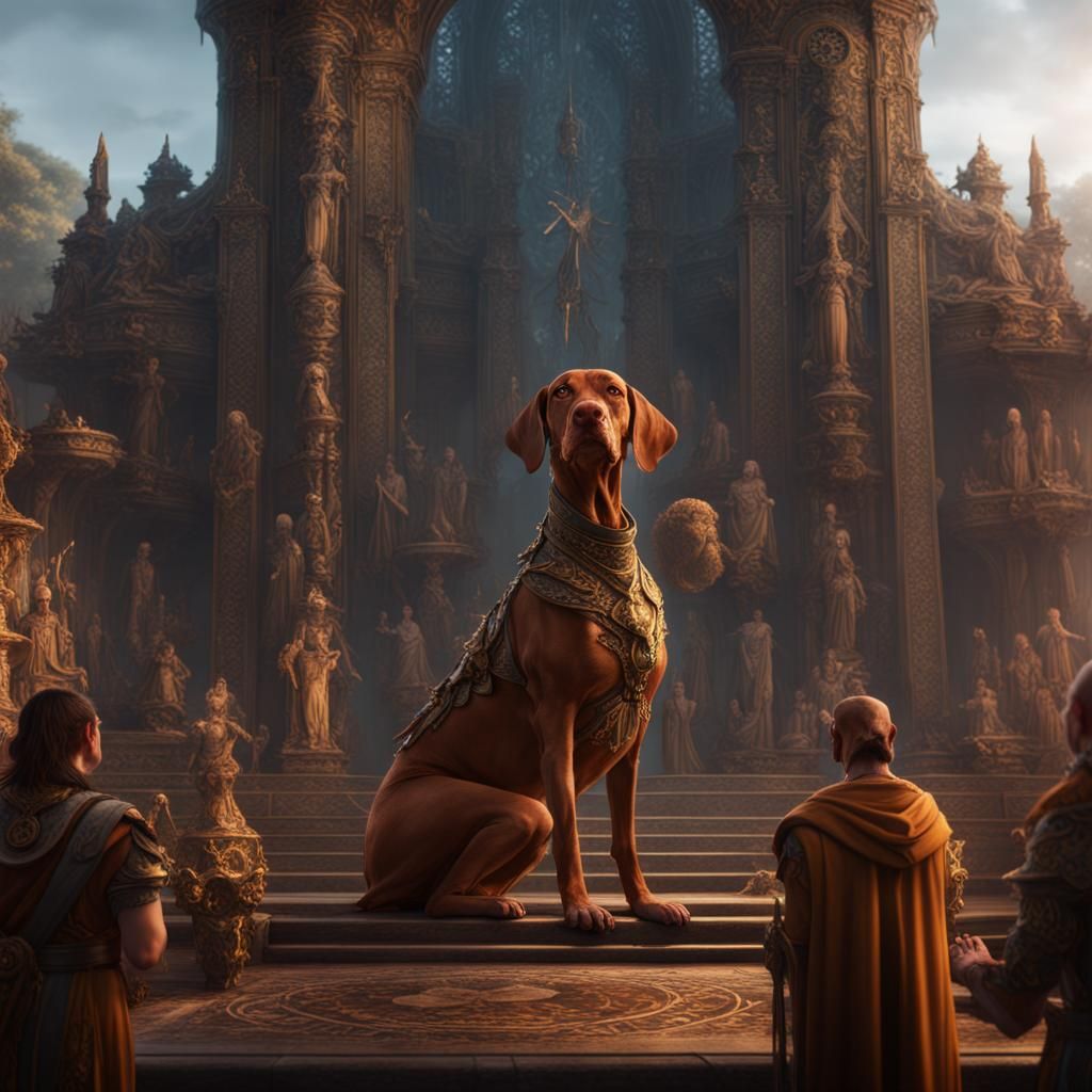 Vizsla God and Worshippers in Detailed Matte Painting