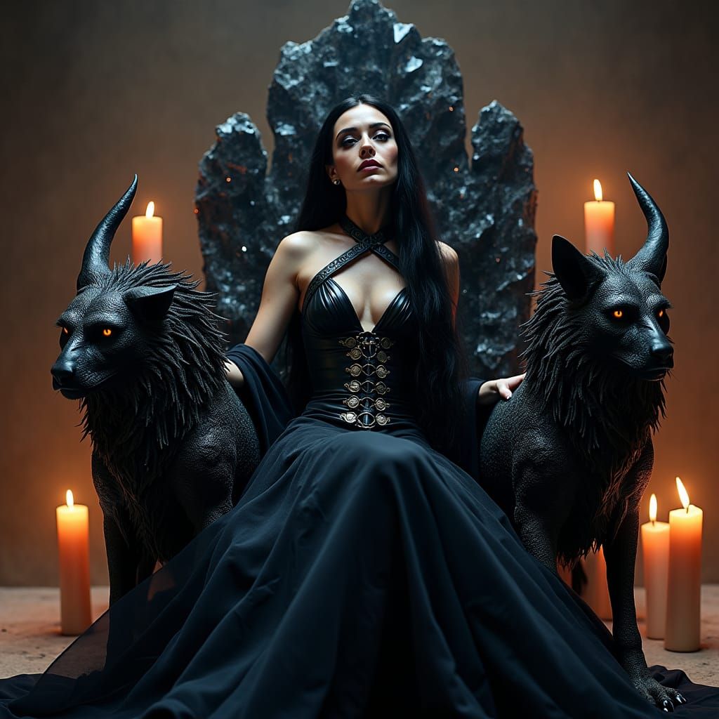 Gothic Goddess on Zeolite Throne with Manticores