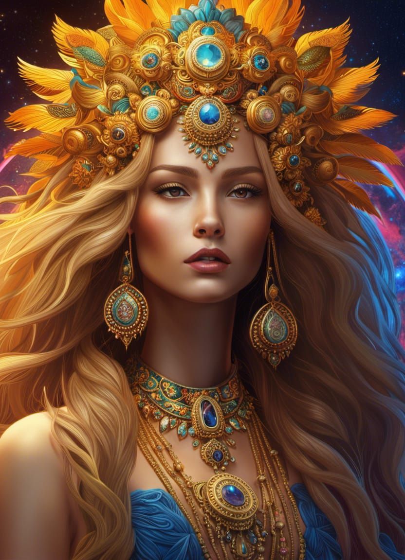 Lion Goddess with Golden Mane in Psychedelic Art