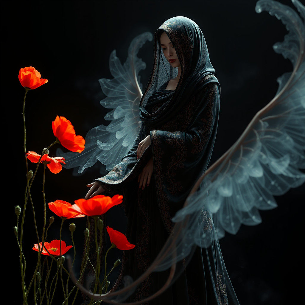 Ethereal Mystic Figure in Dark Fantasy with Crimson Poppies