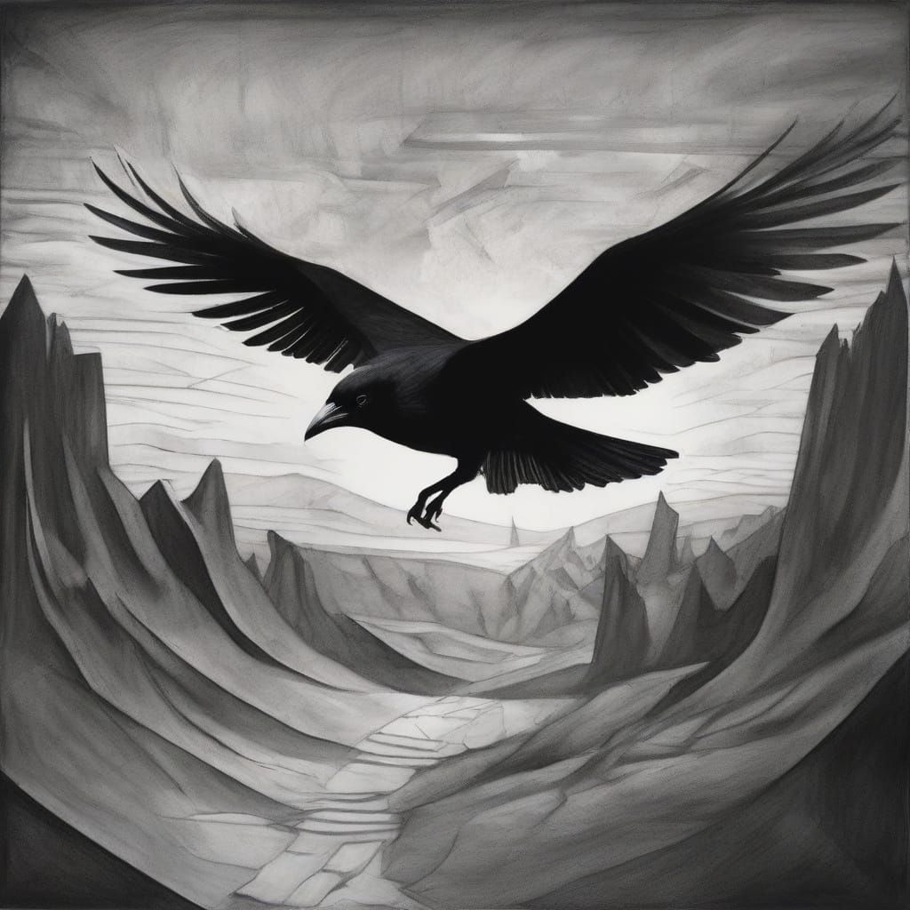 Lone Raven Guides Through Surreal Geometric Landscape