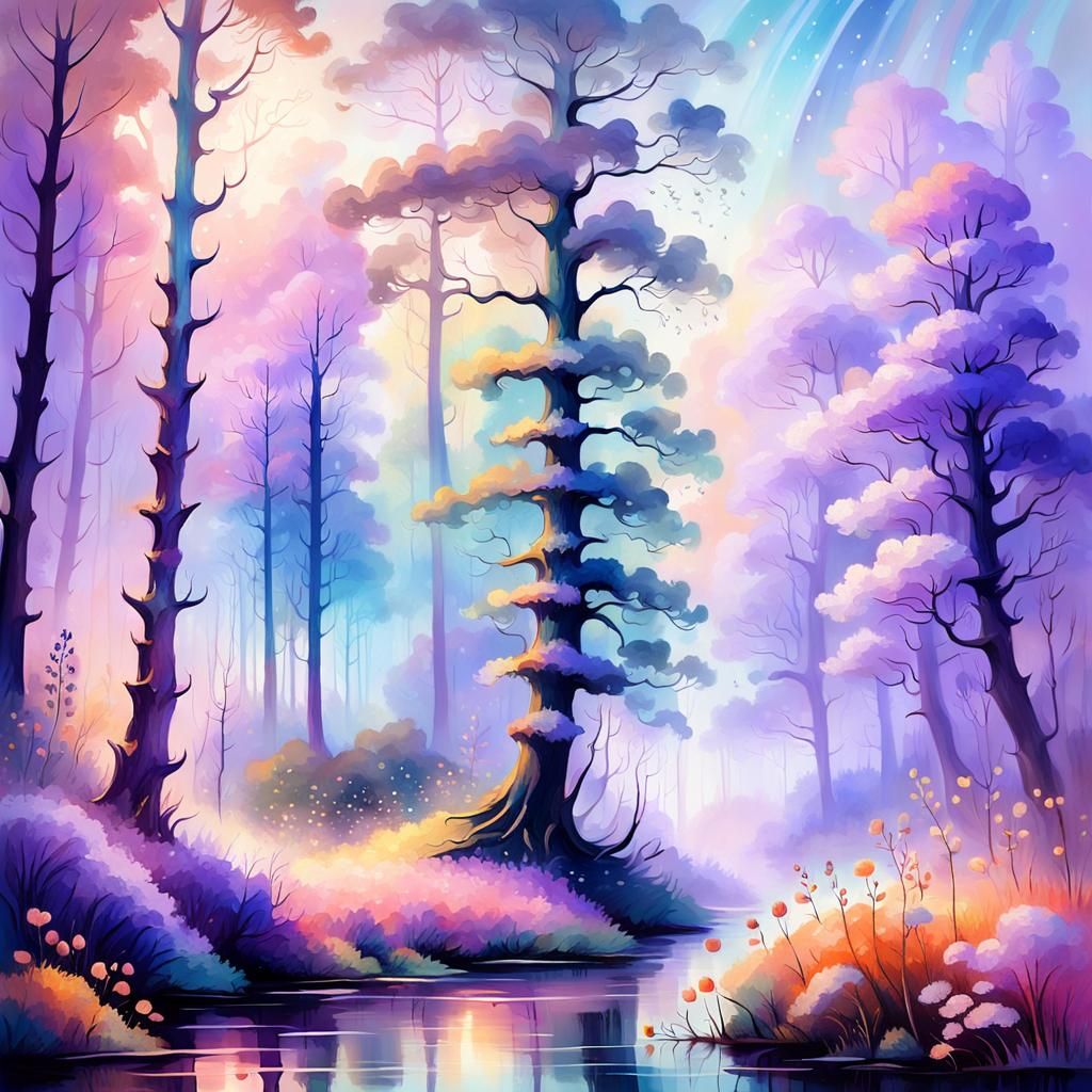 Mystical Forest in Dreamlike Impressionistic Pastel Colors