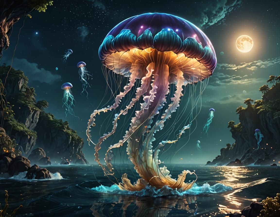 Luminous Jellyfish Transports Merfolk in Fantasy Concept Art