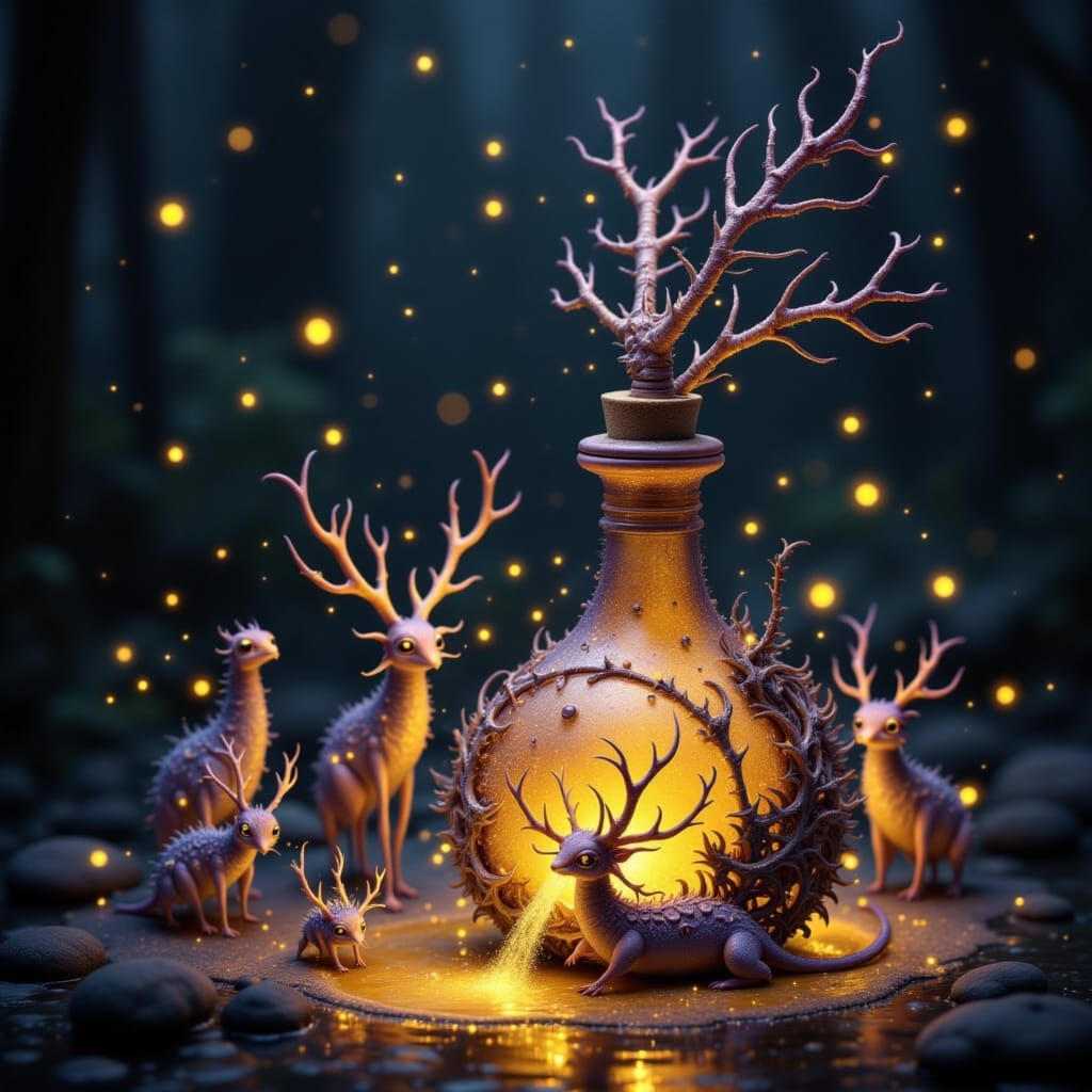 Whimsical Potion Scene with Spiny Creatures and Fireflies