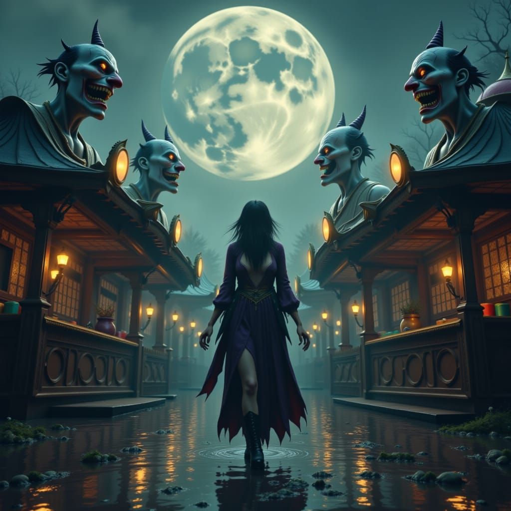 Eerie Moonlit Carnival Scene in Digital Art Style