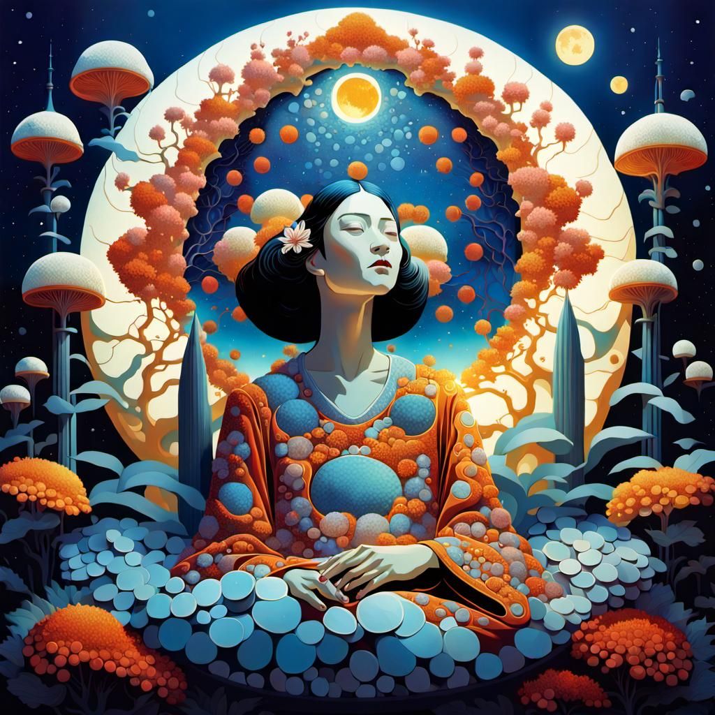 Celestial Woman in Surreal Flower Bed