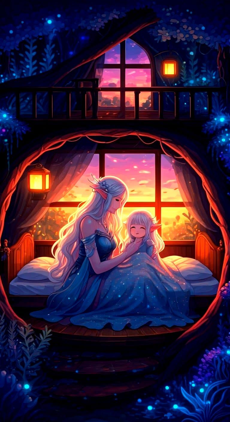 Serene Anime-Style Underwater Scene with Elf Mother and Daug...