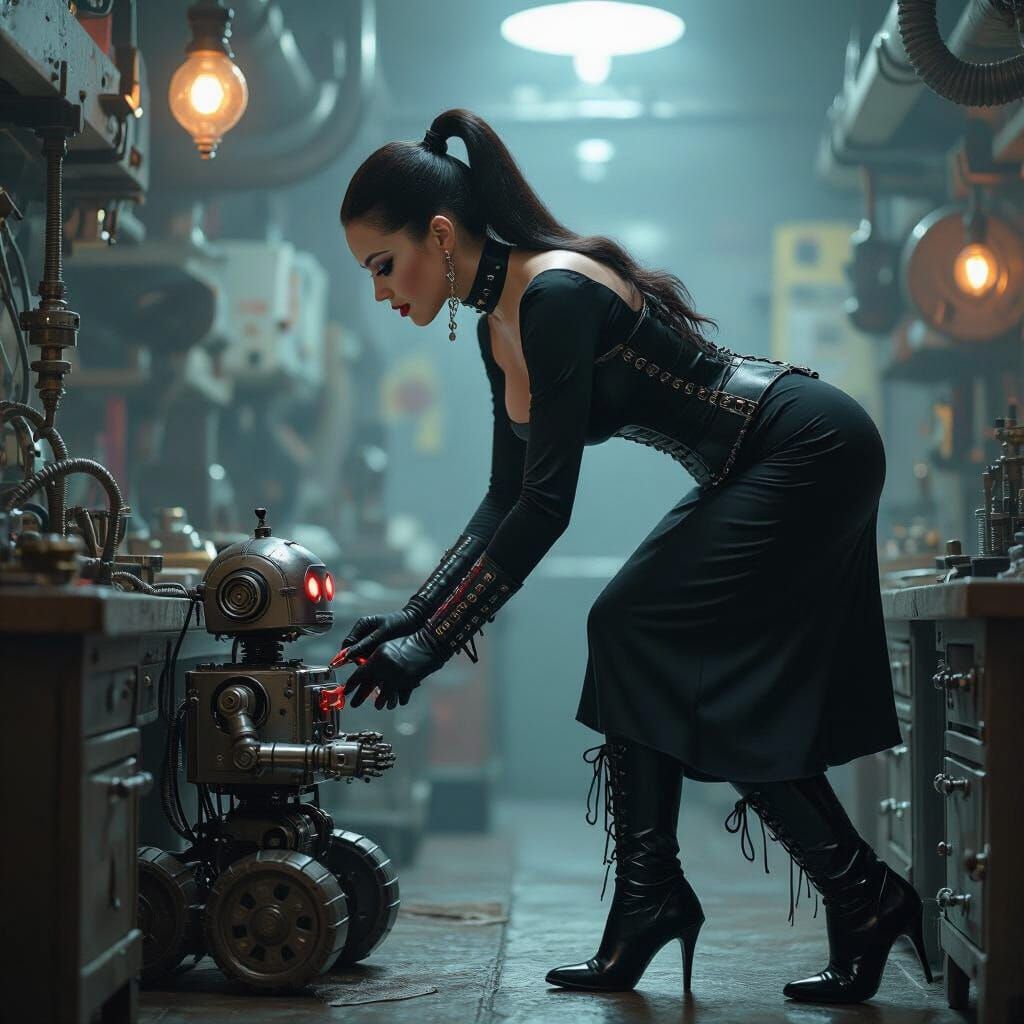 Steampunk Goth Woman in Laboratory, Syd Mead Style