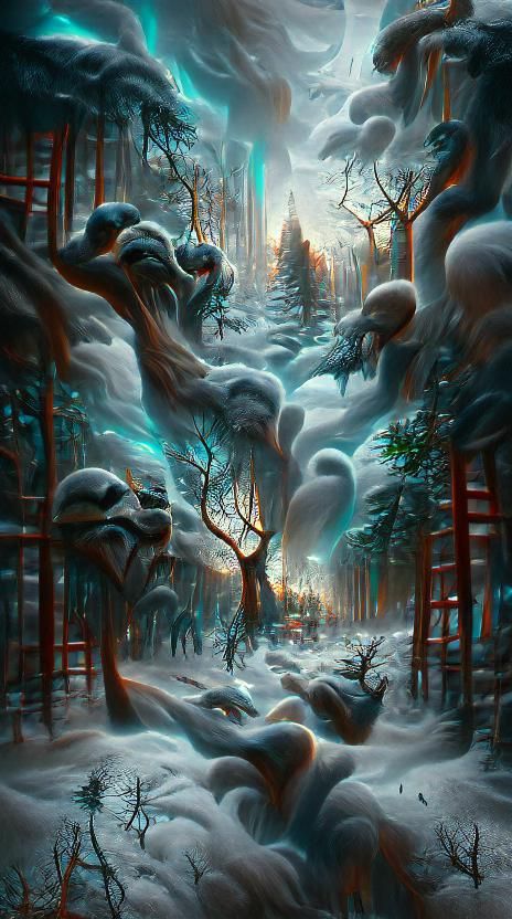 Sinister Snowy Forest: Digital Illustration in Surreal Style