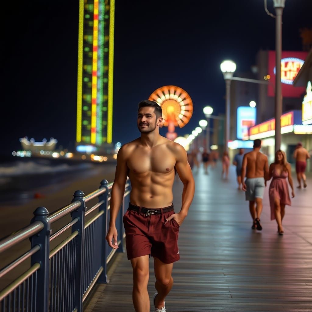 A New Jersey beefcake on the boardwalk by the sea in Atlantic City on a summer night. He's shirtless and wears shorts. h...
