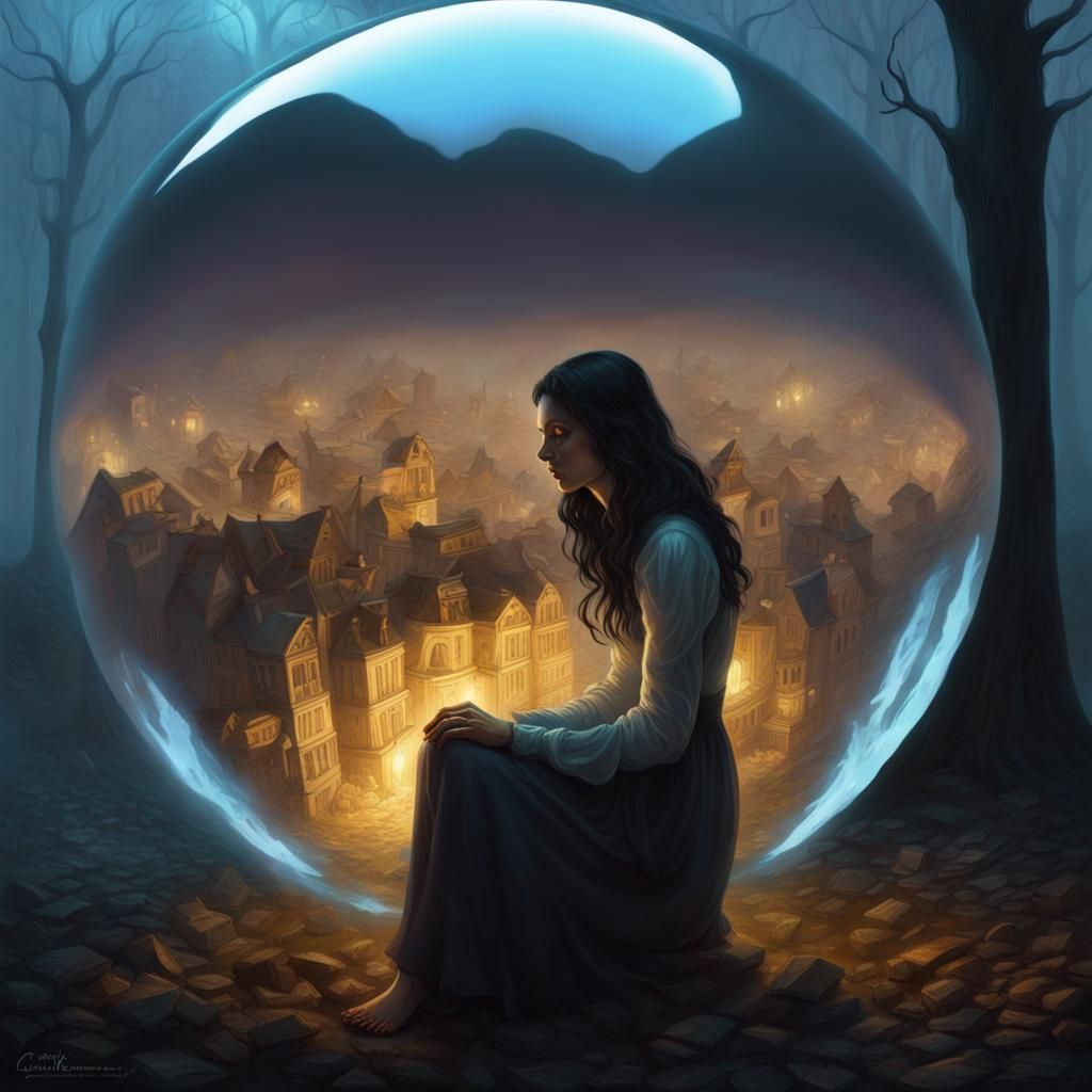 Woman Gazing into Illuminated Glass Ball