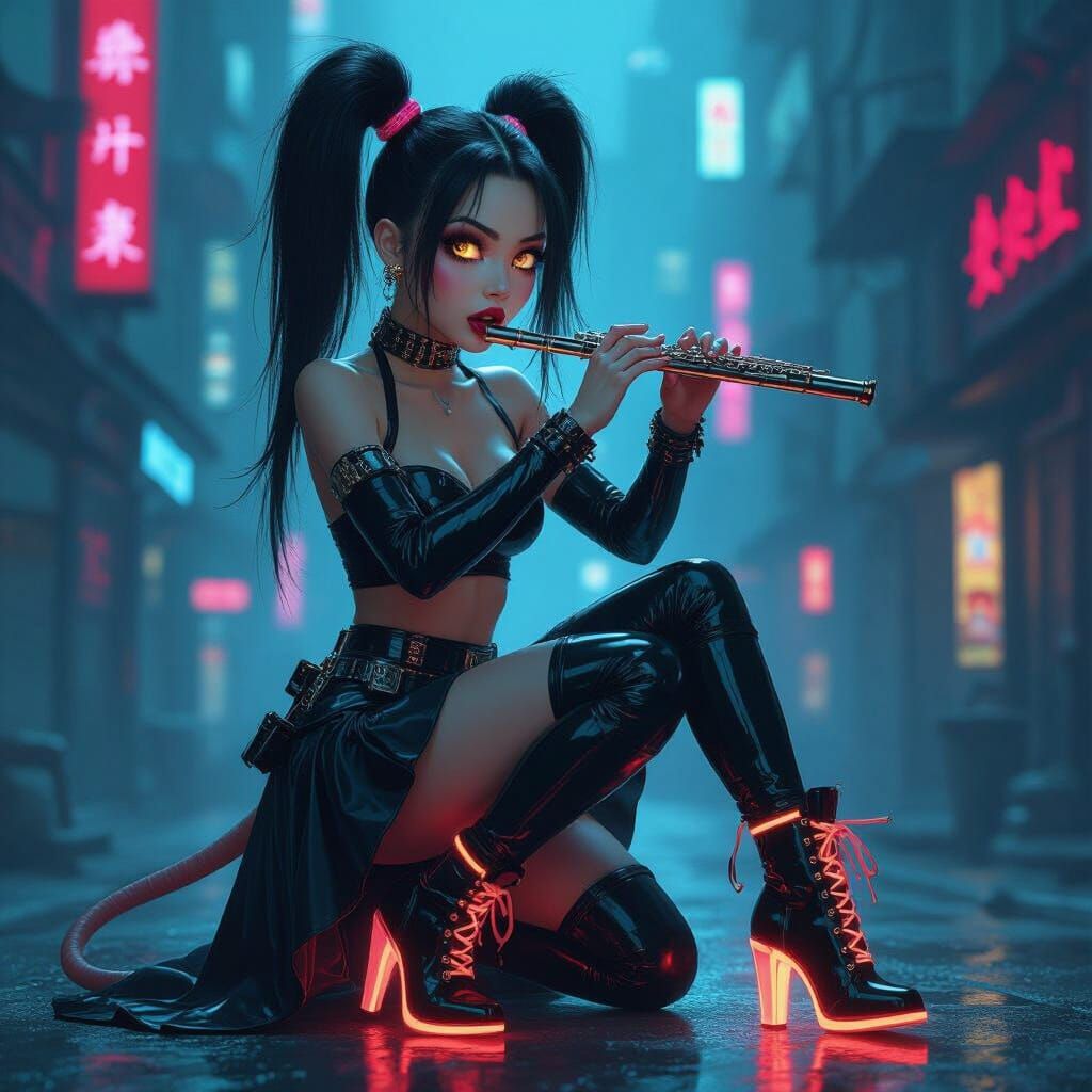 Surprised Futuristic Woman in Neon Dystopian City